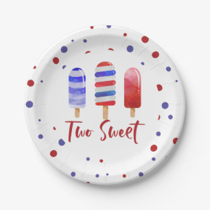 Plato De Papel Paletas heladas Two Sweet Rojo Blanco Azul Cumplea