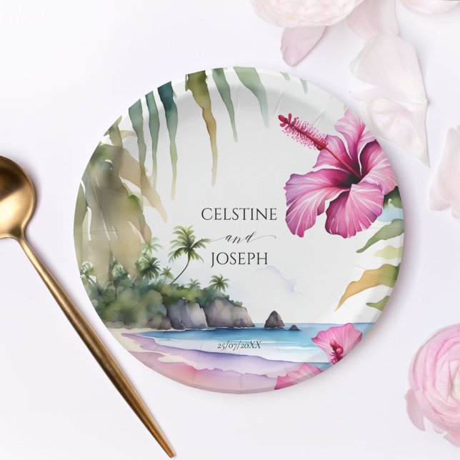 Plato De Papel Paletas tropicales de playa hibiscus boda plantill (Tropical beach palms hibiscus wedding template plates beach wedding tableware personalized plates)