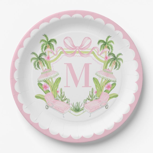 Plato De Papel Palm Beach Pink Loungers Monogram Crest (Anverso)