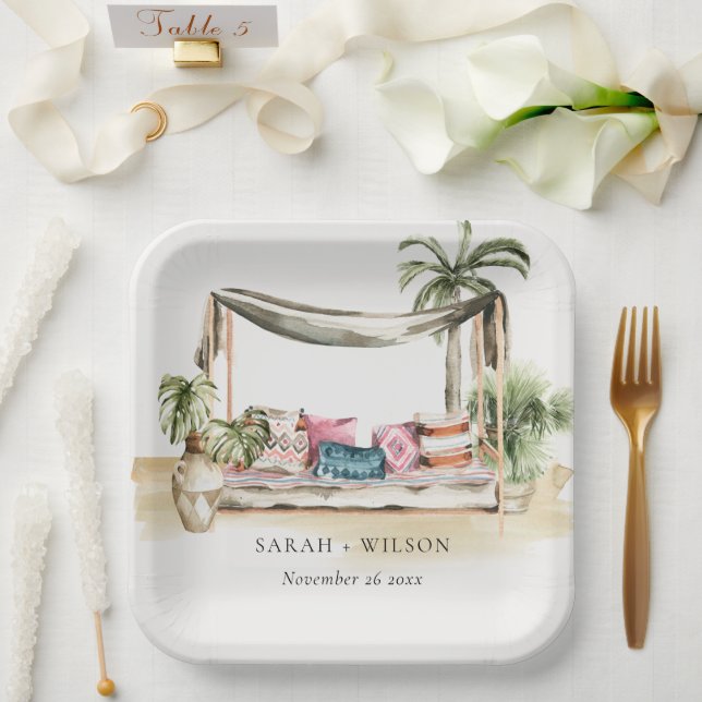 Plato De Papel Palm Beach Tropical Watercolor Cabana Boda (Boda)