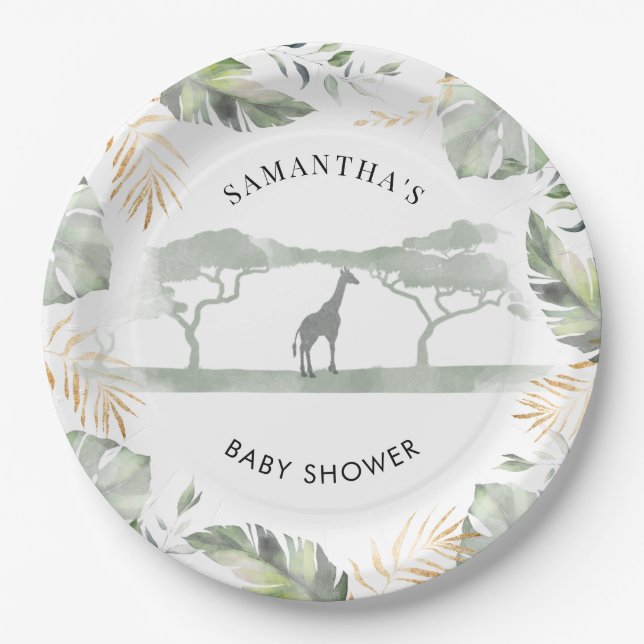 Plato De Papel Palm de jirafa de Safari deja Baby Shower (Anverso)