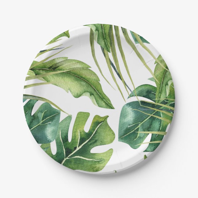 Plato De Papel Palm de verano tropical elegante verde Boda (Anverso)