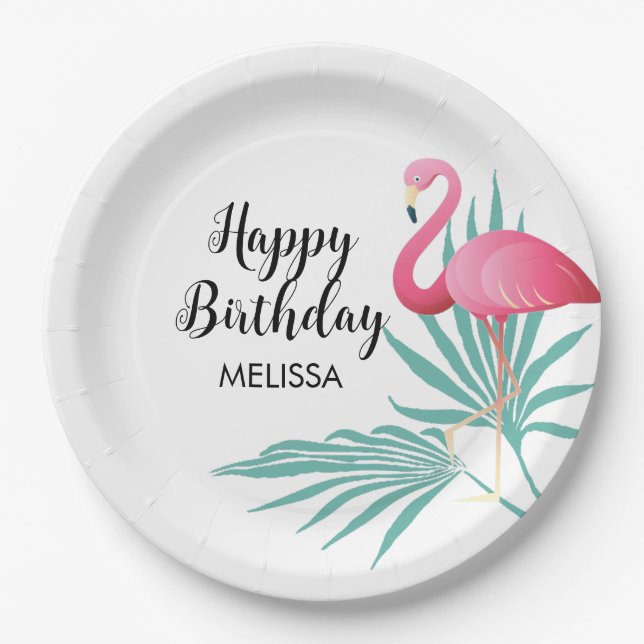 Plato De Papel Palm Flamingo Rosa Sale Cumpleaños (Anverso)
