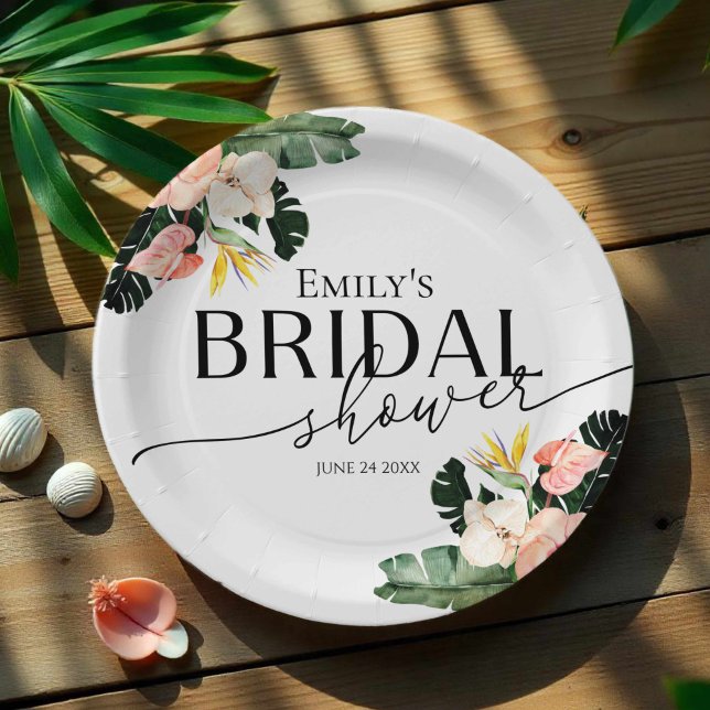 Plato De Papel Palm Hibiscus Tropical Floral Bridal Shower (Subido por el creador)