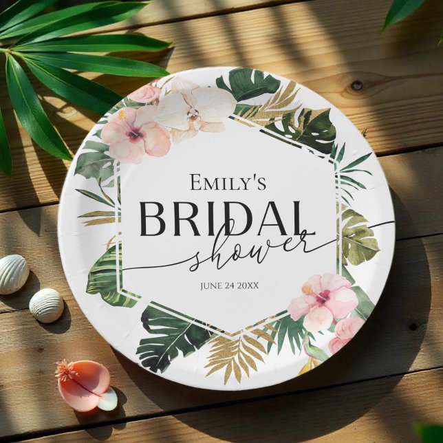 Plato De Papel Palm Hibiscus Tropical Floral Bridal Shower (Subido por el creador)