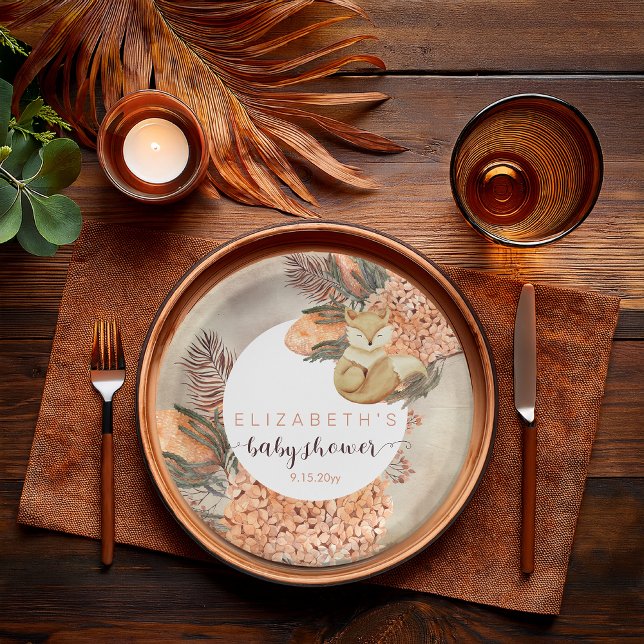 Plato De Papel Palm Leaves Hydrangea Blooms Fox Chica Baby Shower (Boho Palm Leaves and Hydrangeas Sleeping Fox Girl Baby Shower Paper Plates)