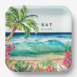 Plato De Papel Palm Paradise Tropical Beach Wedding, Ducha, Luau