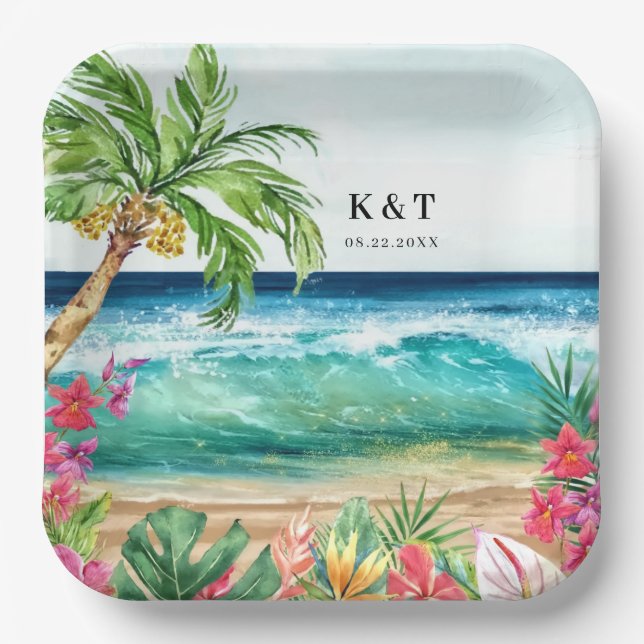 Plato De Papel Palm Paradise Tropical Beach Wedding, Ducha, Luau (Anverso)