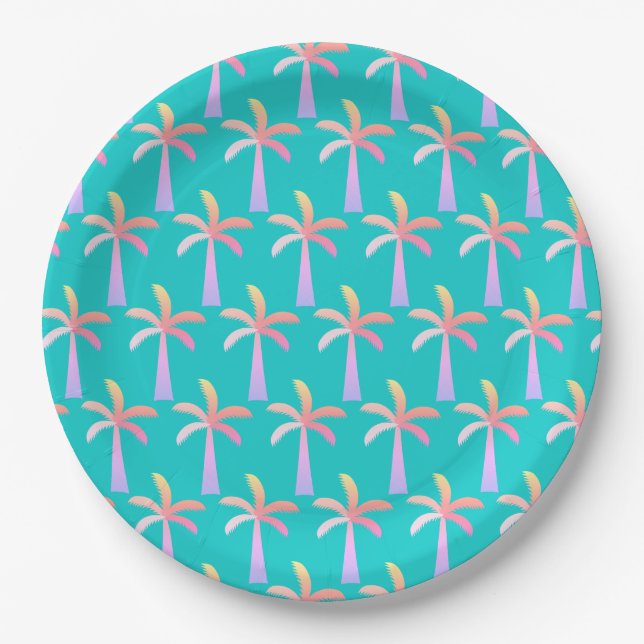 Plato De Papel Palm Springs Caribbean Blue Tropical Palm Tree (Anverso)