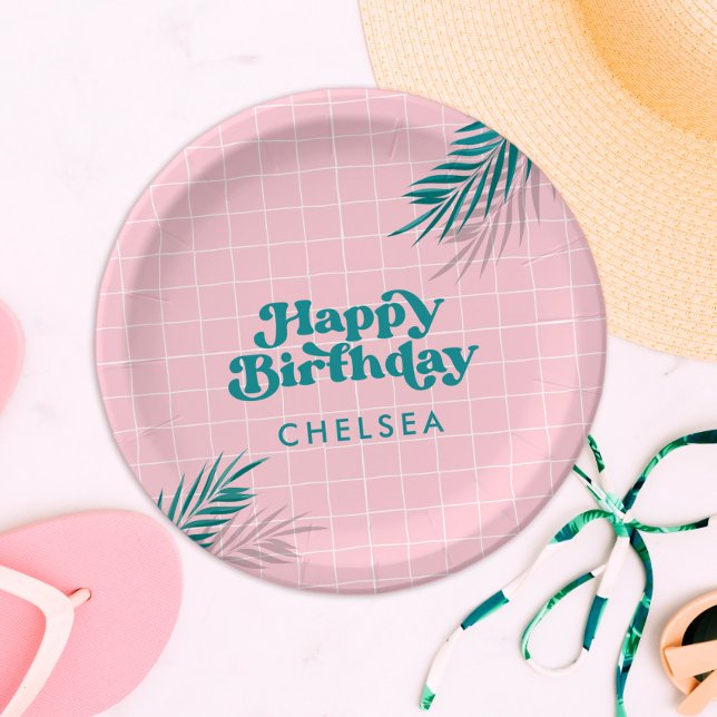Plato De Papel Palm Springs Pool Fiesta Adulto Rosa Cumpleaños (palm springs pink pool party paper plates)