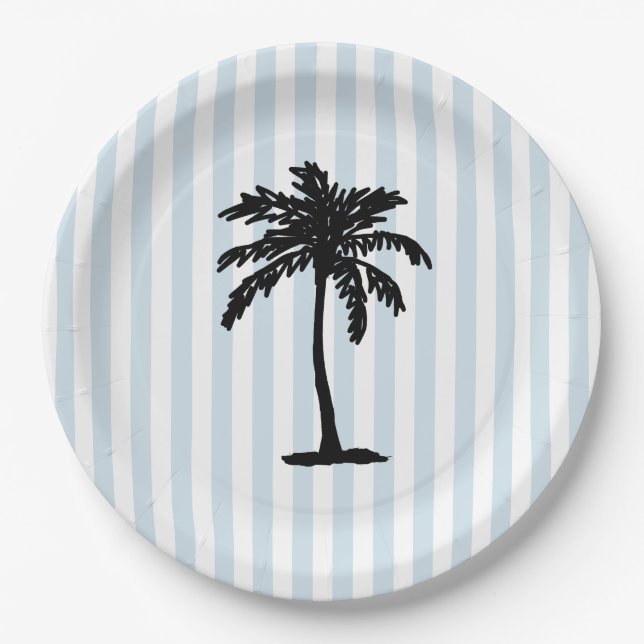 Plato De Papel Palm Tree Beach Nautical Stripe (Anverso)
