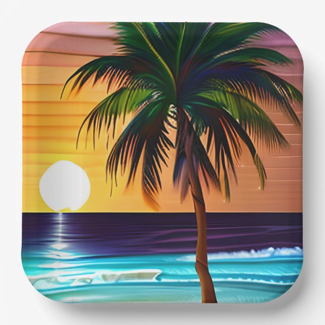 Plato De Papel Palm Tree tropical bonito y Ocean Sunset (Anverso)