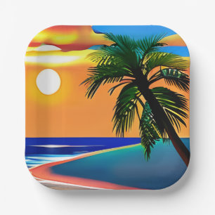 Plato De Papel Palm Tree tropical bonito y Ocean Sunset