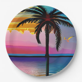 Plato De Papel Palm Tree tropical bonito y Purple Sunset