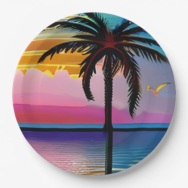 Plato De Papel Palm Tree tropical bonito y Purple Sunset (Anverso)