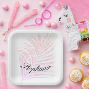 Plato De Papel Palm Tree Tropical Custom Name Pink Patterns