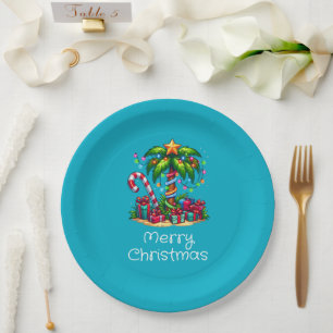 Plato De Papel Palm Tree Tropical Feliz Navidad
