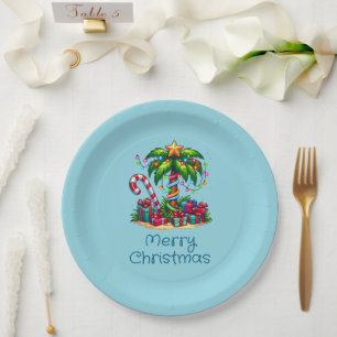 Plato De Papel Palm Tree Tropical Feliz Navidad