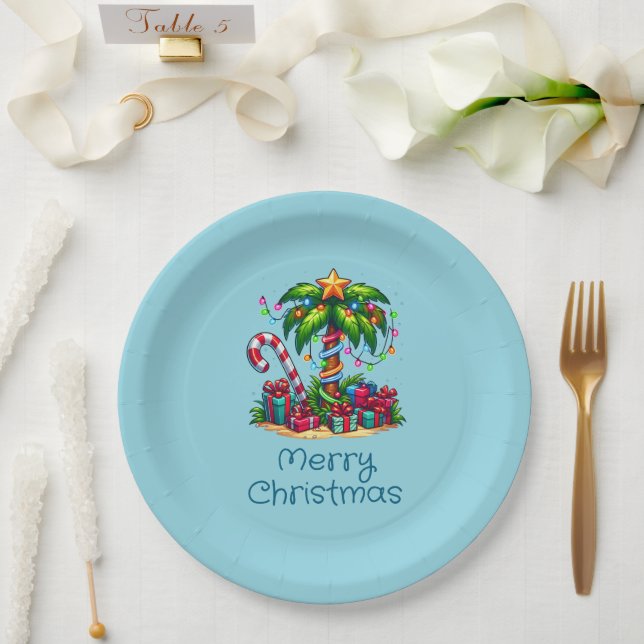 Plato De Papel Palm Tree Tropical Feliz Navidad (Boda)