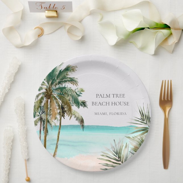 Plato De Papel Palm Tree tropical personalizada deja playa azul (Boda)