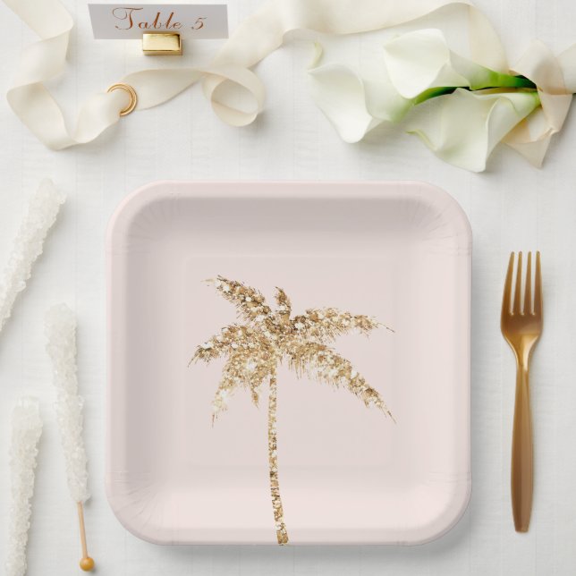 Plato De Papel Palm Tree Tropical Purpurina Oro (Boda)