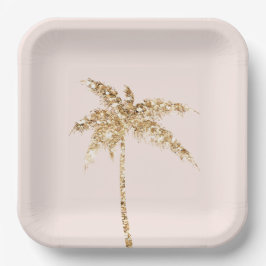 Plato De Papel Palm Tree Tropical Purpurina Oro