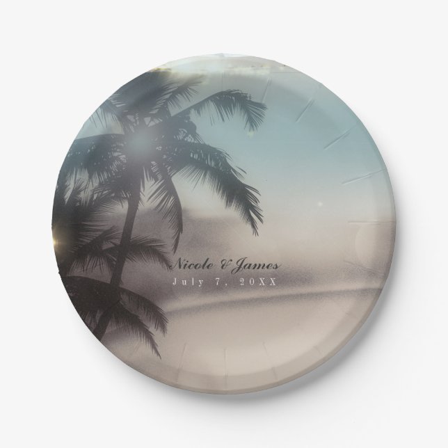 Plato De Papel Palm Trees Elegante Moda Fiesta de playa tropical (Anverso)