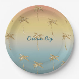 Plato De Papel Palm Trees Purpurina de oro de la puesta del sol