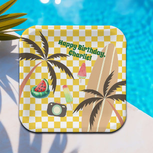 Plato De Papel Palm Trees Surfboard Checkered Summer Fiesta