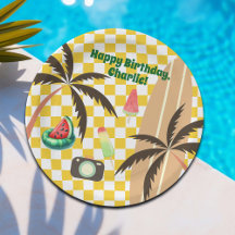 Palm Trees Surfboard Checkered Summer Fiesta