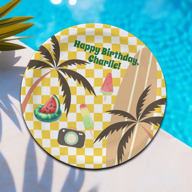 Plato De Papel Palm Trees Surfboard Checkered Summer Fiesta (Subido por el creador)