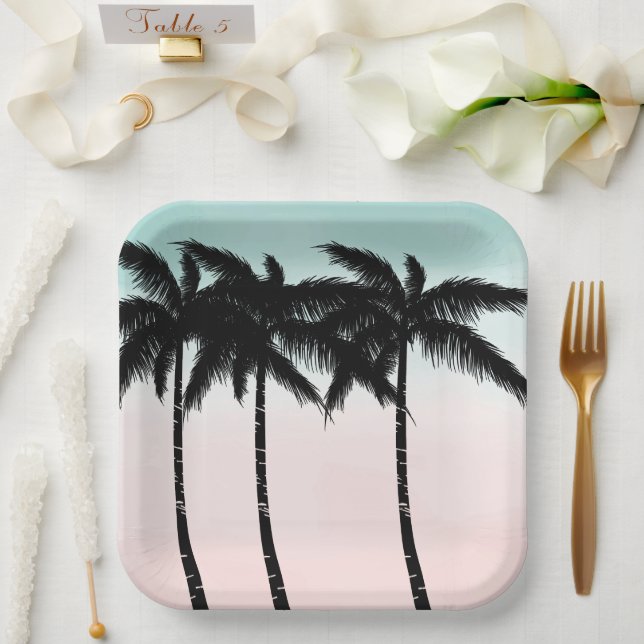 Plato De Papel Palm Trees Tropicales Pink Mint (Boda)