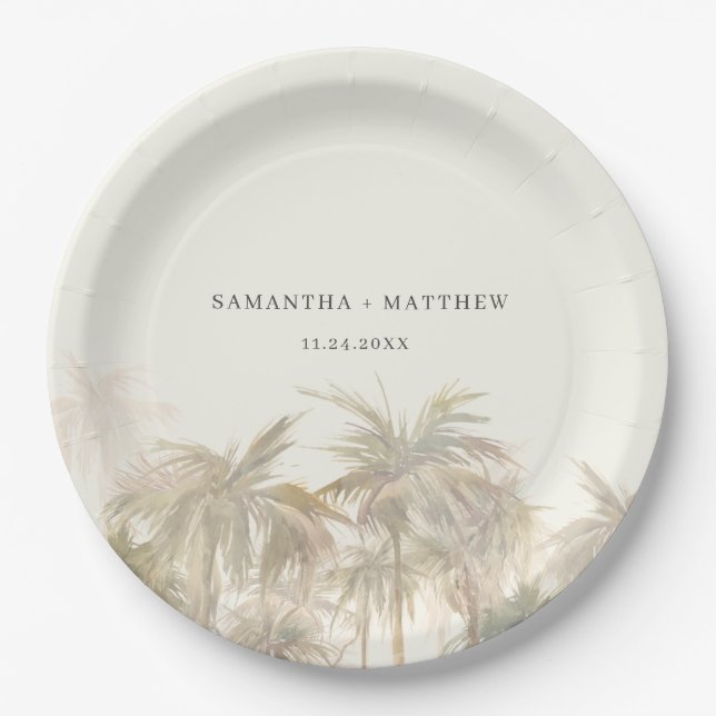 Plato De Papel Palm Trees Watercolor Tan Boda Costero (Anverso)