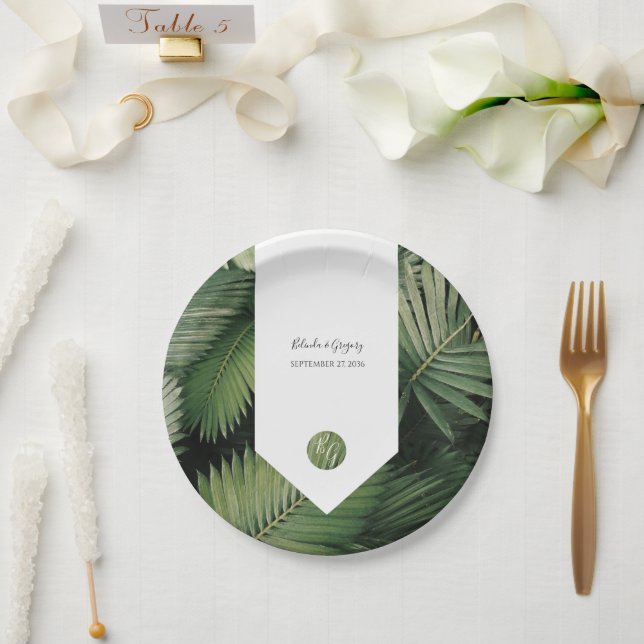 Plato De Papel Palm tropical deja Boda de vegetación (Boda)