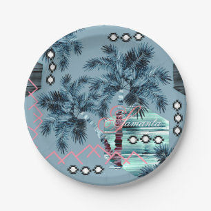 Plato De Papel Palma hawaiana azul negro monograma personalizado
