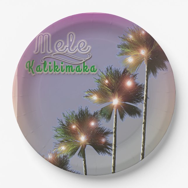 Plato De Papel Palmeras Con Luces Mele Kalikimaka (Anverso)