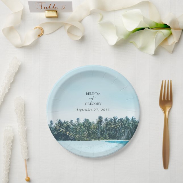 Plato De Papel Palmeras de acuarela tropical y boda de playa (Boda)