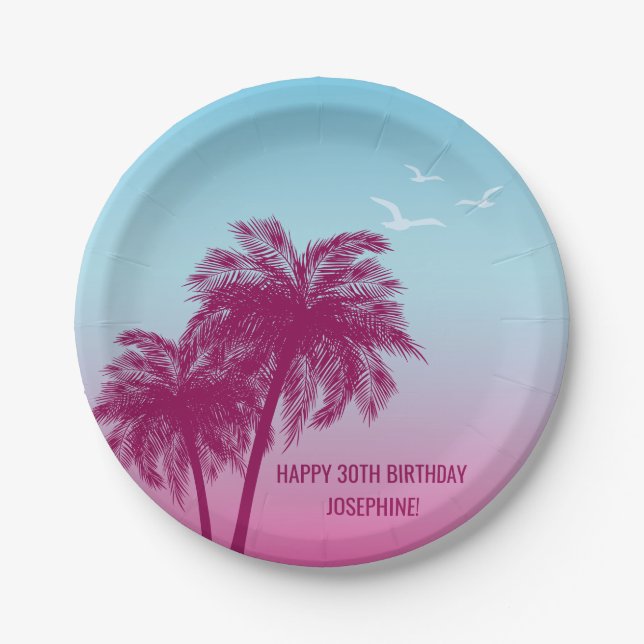 Plato De Papel Palmeras rosadas Cumpleaños feliz tarde tropical (Anverso)