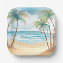 Plato De Papel Palmeras Tropicales | Boda Acuarela de Playa