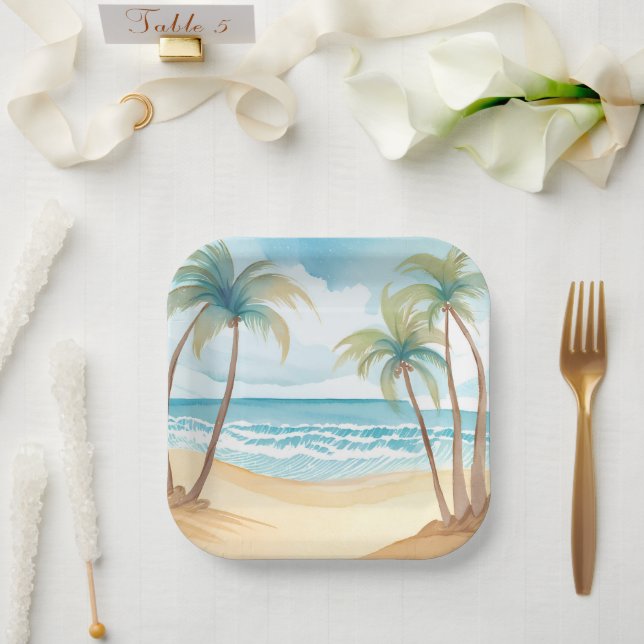 Plato De Papel Palmeras Tropicales | Boda acuático de playa (Boda)