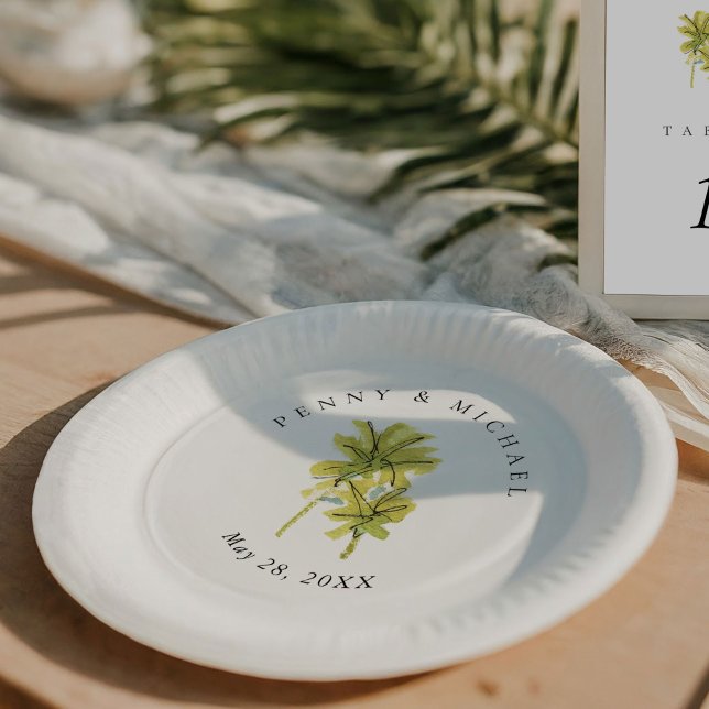 Plato De Papel Palmeras Tropicales Mínimas (Tropical beach watercolor palm trees chic wedding paper plates.)