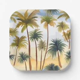 Plato De Papel Palmeras Tropicales | Pintura Acuarela de Playa