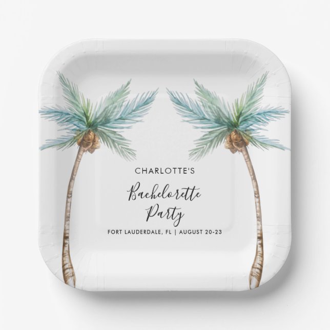 Plato De Papel Palmeras Tropicales Soltera Costera Personalizada (Anverso)