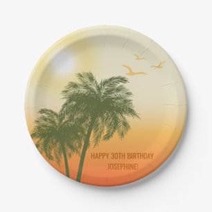 Plato De Papel Palmeras Verdes Atardecer Naranja Cumpleaños Tropi