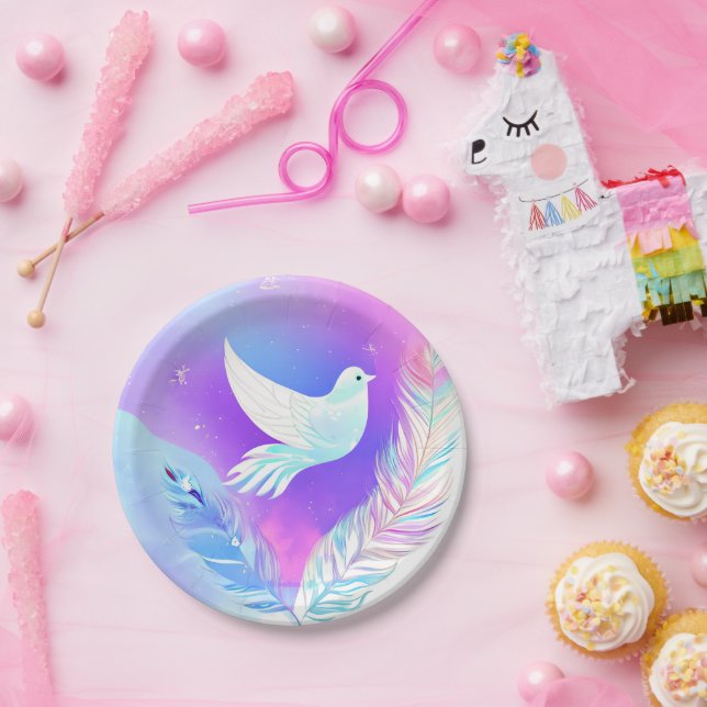 Plato De Papel Paloma blanca con plumas rosas y azules (Fiesta)