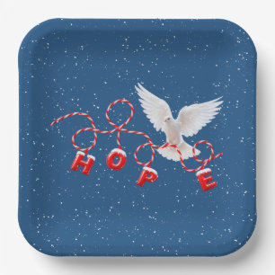Plato De Papel Paloma Blanca de Navidad HOPE en copos de nieve