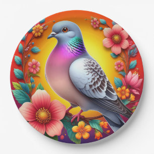Plato De Papel Paloma colorida rodeada de flores vibrantes