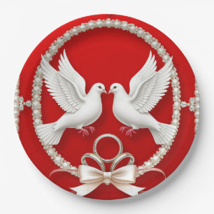Plato De Papel Palomas blancas con anillos de boda