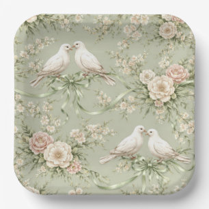 Plato De Papel Palomas de Boda y Cintas Verde Salvia