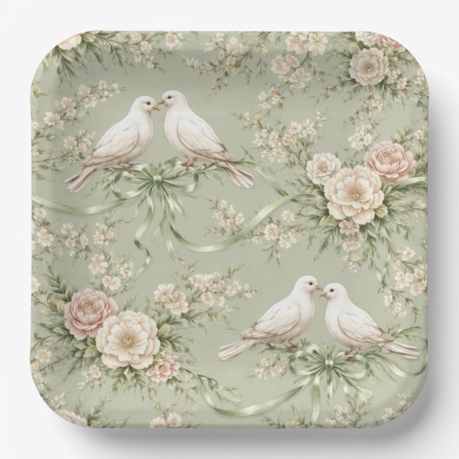 Plato De Papel Palomas de boda y cintas verde salvia (Anverso)